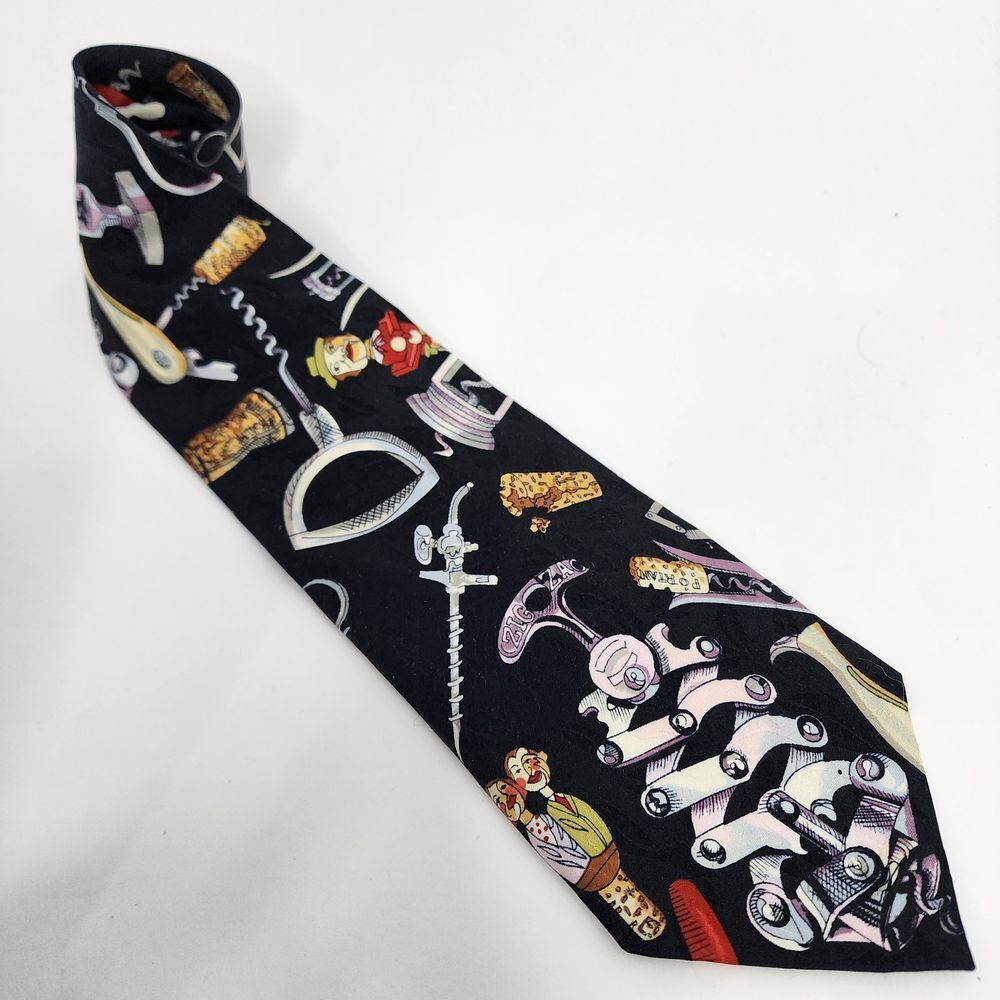 Nicole Miller Men's Tie Wine Opener Vintage Black 100% Silk‎